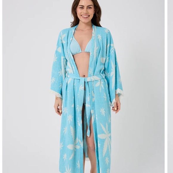 Women's Blue + White Leaf Patterned Robe One Size New 100% Organic Cotton NEW - Picture 10 of 12
